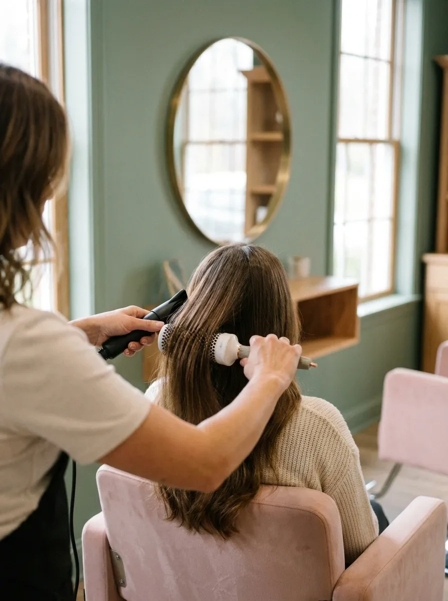 A stylist blow-drying a client's long brown hair