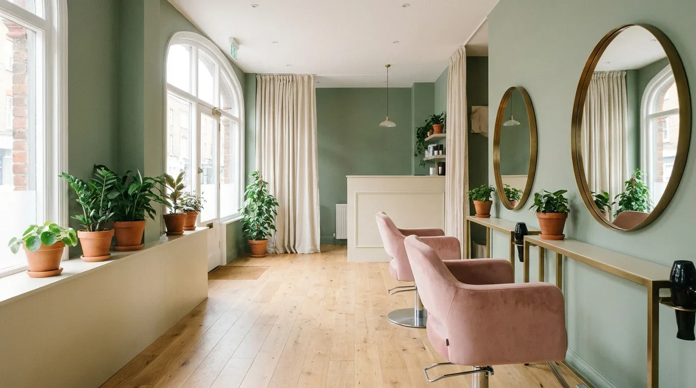 The studio: sage walls, pink velvet chairs, brass mirrors and tall arched windows